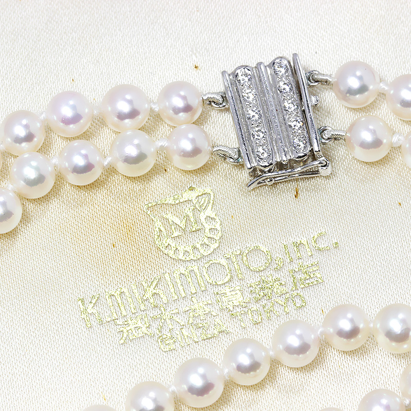 Mikimoto Pearl Double Strand Diamond Necklace 14” Choker w/ Vintage Box