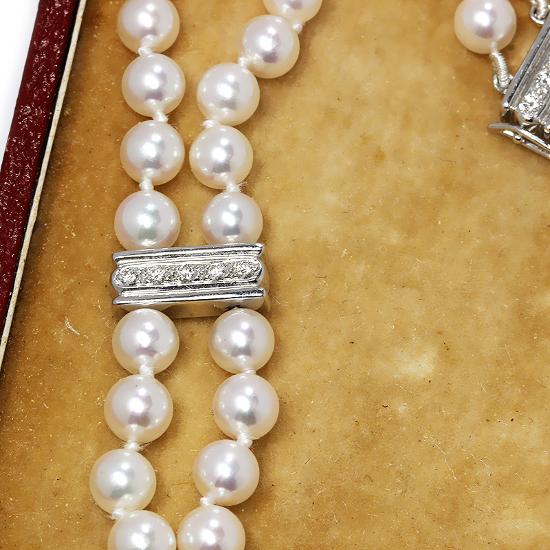 Mikimoto Pearl Double Strand Diamond Necklace 14” Choker w/ Vintage Box