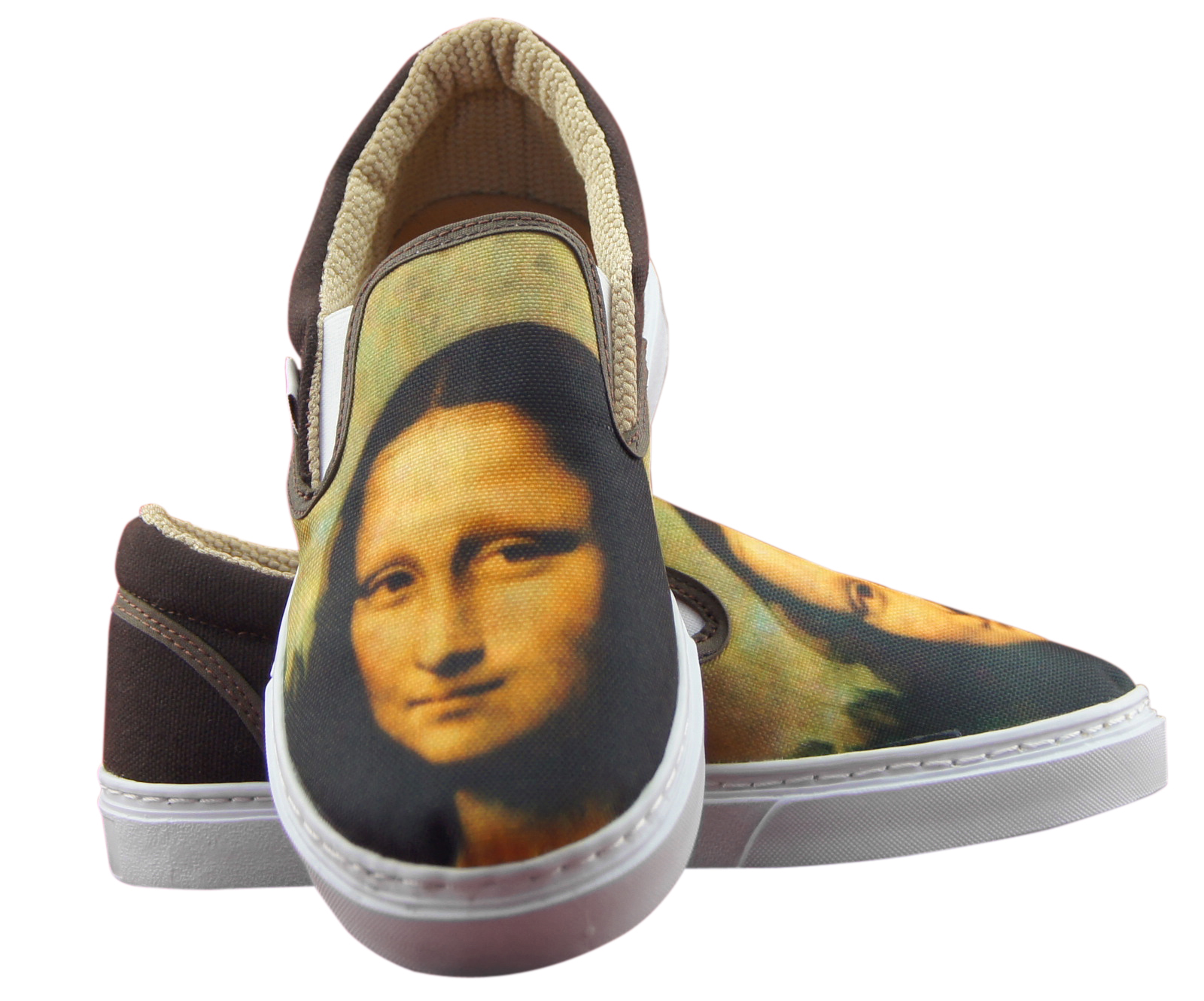 NEW WOMENS CANVAS PRINTED SLIPON SNEAKERS "NEW VINTAGE" MONA LISA