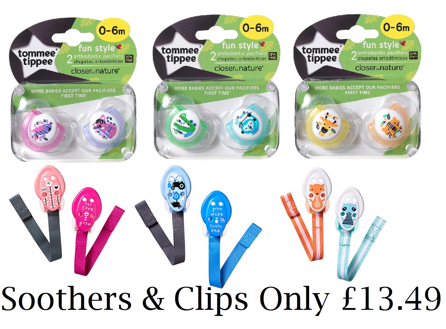 Tommee Tippee Closer to Nature Fun Style 0M Soothers+Soother Holders