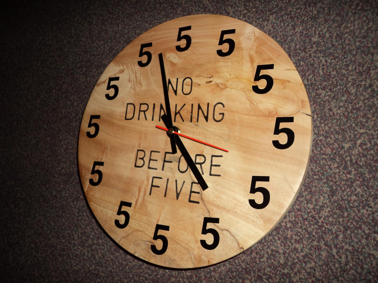 Bespoke "No Drinking before 5" wall clock, handmade from English Walnut.