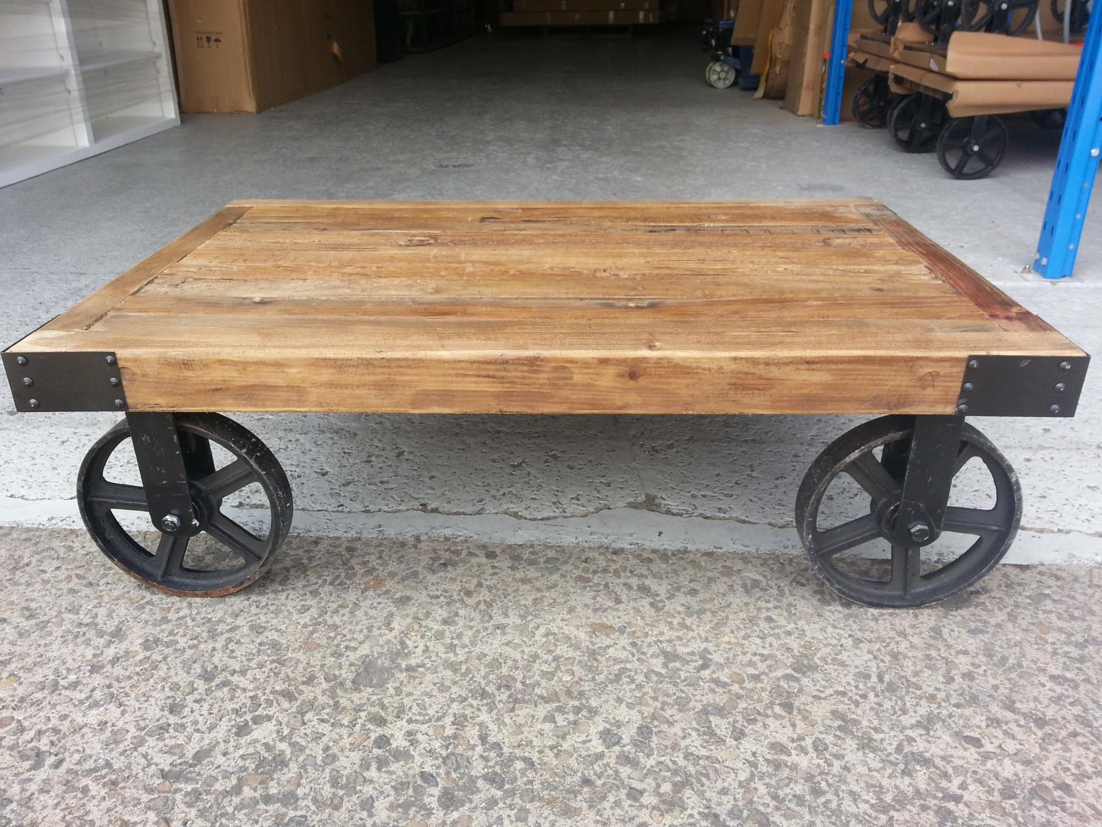 NEW INDUSTRIAL RECYCLED VINTAGE RUSTIC TIMBER COFFEE TABLE with Wheels
